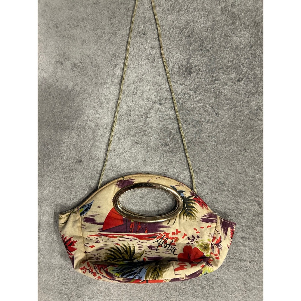 Vintage XOXO Tropical Hawaii Print Handbag Gold Handle Beaded Palm Tree Bag GM7